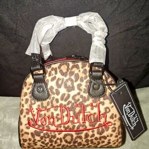Von Dutch Cheetah Bowling Bag with Red Accents and logo